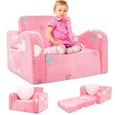 Imagem de LOSEEF Sofá infantil, 2 em 1 para crianças, macio, dobrável com travesseiro macio, sofá conversível para espreguiçadeira para meninas e meninos, rosa