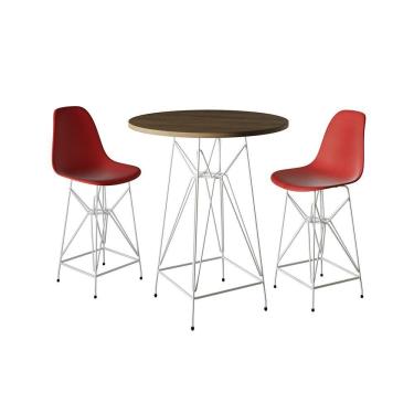 Imagem de Jogo Mesa Bistrô Eames Tampo Amêndoa 60Cm 2 Banquetas Vermelha Base Ferro Branco - Cor: Amendoa