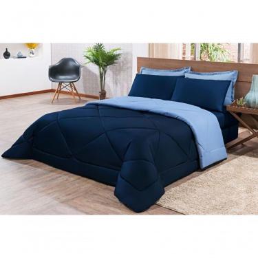 Imagem de Kit Edredom + Jogo De Lençol Aconchego Dupla Face Casal King 06 Peças - Azul Marinho E Azul