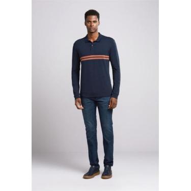 Imagem de Polo Manga Longa Malha Slim Fit - Azul Marinho / Marrom Avelã - Highst