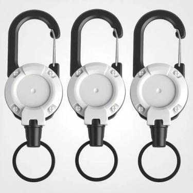 Imagem de Chaveiro retrátil resistente, suporte de crachá de mosquetão multiferramentas, suporte retrátil para identidade, cordão de aço inoxidável atualizado, adequado para homens e mulheres (branco e preto)