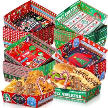 Imagem de Zhehao Pacote com 36 bandejas de papel de Natal para comida de 2,3 kg Bandejas grandes de nacho para servir comida de natal suprimentos de festa de Natal tigela de lanche descartável para decorações