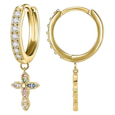 Imagem de KASFREE Brincos pequenos de argola dourada para mulheres, coração, flor, cruz, estrela-do-mar, argola, Aço inoxidável, Zircônia cúbica