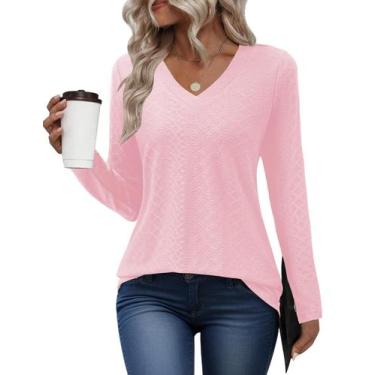 Imagem de Camiseta AKEWEI com decote em V para mulheres de manga comprida solta 