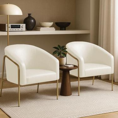 Imagem de Poltrona Sala Industrial Alta Dourado Kit 2 Stella Sintético Pu Bege D03 - D`rossi