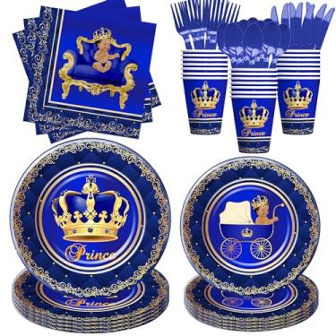 Imagem de Xenorik Royal Blue Prince Decorações de chá de bebê menino - Little Prince, talheres, prato, guardanapo, copo, talheres, servir 24