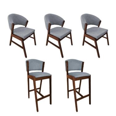 Imagem de Kit 3 Cadeiras De Jantar Debora Com 2 Banquetas Ana Madeira Maciça Premium Linho Cinza