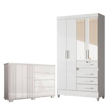 Imagem de Guarda Roupa Infantil Sobral Com Espelho E Cômoda Texas Branco Brilho - Moval