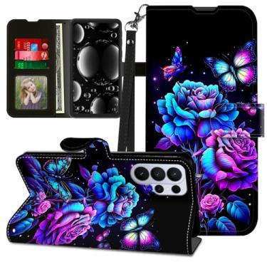 Imagem de BREIDMKFM Capa para Samsung Galaxy S26 Ultra com protetor de tela e suporte, suporte para cartão e alça de pulso flip de couro carteira fofa magnética resistente proteção resistente, rosas roxas