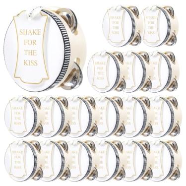 Imagem de Conjunto de 18 pandeiros de 10 cm a granel para adultos, mini pandeiros de madeira com jingles de metal, etiquetas de presente e fita impressa branca, presente de pandeiro para lembrancinha de festa