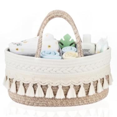 Imagem de Fiwochic Organizador de fraldas de macramê, cesta de corda de algodão, boho, decoração de berçário, linda borla tecida, organizador de fraldas portátil para trocadores, chá de bebê, presentes para