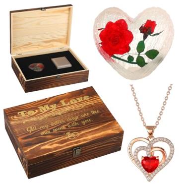 Imagem de Cunno To My Love, presente de rosa de cristal em forma de coração para ela, presente de aniversário de aniversário de dia dos namorados para esposa, conjunto de presente de madeira gravado, lembrança