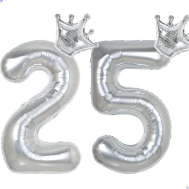 Imagem de 25 balões com números de 101,6 cm prata para decorações de aniversário de 25 anos para homens e mulheres, decoração de aniversário de 25 anos de Mylar gigante para ele e ela
