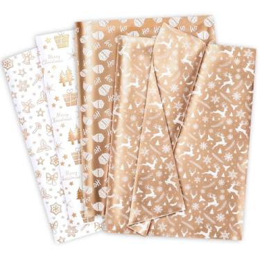 Imagem de Larcenciel Papel de seda de Natal para sacos de presente, tecido de embrulho de presente de férias de ouro rosa, design metálico de árvore de Papai Noel, veado de floco de neve, perfeito para