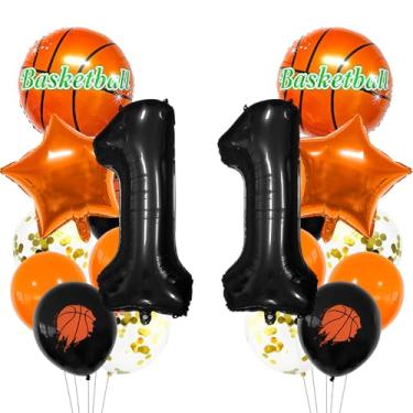 Imagem de Balão esportivo preto, balões metálicos de 11 anos, decoração esportiva de 11º aniversário, troféu de basquete, 11 balões, decoração de festa de 11 anos de basquete, perfeito para festas temáticas