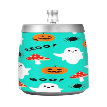 Imagem de Qilmy Cinzeiro de aço inoxidável Cute Ghosts com tampa - Cinzeiro de cigarro à prova de vento sem cheiro sem fumaça para casa, escritório, carro, pátio, varanda (uso interno e externo)