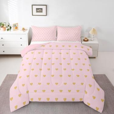 Imagem de jejeloiu Conjunto de edredom de coração, tamanho solteiro, fofo, kawaii, para crianças, meninos, meninas, estampa de amor, rosa, dourado, edredom para decoração de quarto, microfibra, 2 peças com 1