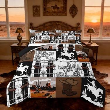 Imagem de Feelyou Conjunto de edredom com estampa de caubói ocidental, solteiro, estilo caubói ocidental, rodeio, estilo caubói, grunge, preto, branco, marrom