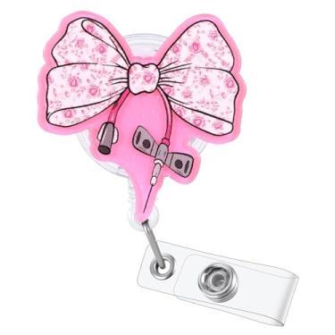 Imagem de Carretel de crachá de enfermeira com laço rosa, lindo arco flebotomia retrátil ID pediátrico suporte de crachá, crachá amigo para RN LPN CNA MA ED Heme Lab enfermeira estudante de enfermagem