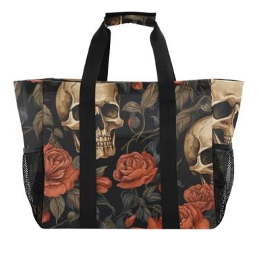 Imagem de ODAWA Bolsa de praia de lona durável com caveiras e rosas vermelhas retrô para viagens e piscina, bolsa de praia com alça aberta para mulheres, Crânios retrô rosas vermelhas flores, One Size