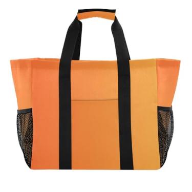 Imagem de Bolsa de praia portátil leve à prova de areia gradiente laranja - Bolsa de compras de lona dobrável com bolsos com zíper