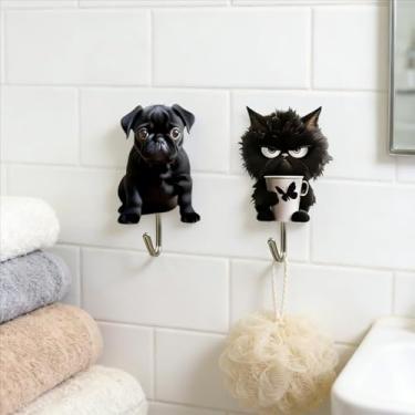 Imagem de 2 peças de ganchos adesivos de acrílico pretos para animais de estimação – Pug plano e gato rabugento, ganchos de parede para chaves, toalhas, máscaras | Organizador autoadesivo sem broca para entrada