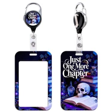 Imagem de Porta-crachá de identificação de livro, carretel de caveira legal com suporte de identidade, suporte de crachá retrátil gótico, clipe para chaves e crachás de identificação para mulheres, crianças