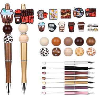 Imagem de Gweichunon Kit de 12 canetas com contas, canetas esferográficas com conjunto espaçador redondo de madeira de cristal, material de escritório, acessórios de escritório e presentes de artesanato para