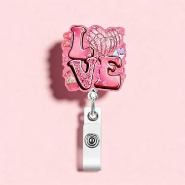 Imagem de Carretel de crachá de identificação dos namorados rosa com clipe de garra de 360° para porta-cartões de identificação, porta-chaves retrátil LINMEIZAI Glitter Love, porta-chaves, romântico e