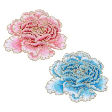 Imagem de SUPERFINDINGS 2 peças, 2 cores, apliques de flores, poliéster, peônia, bordado, remendo, floral, rosa, aplique de flores bordado, tecido para costura, faça você mesmo, 14,5 x 17 cm