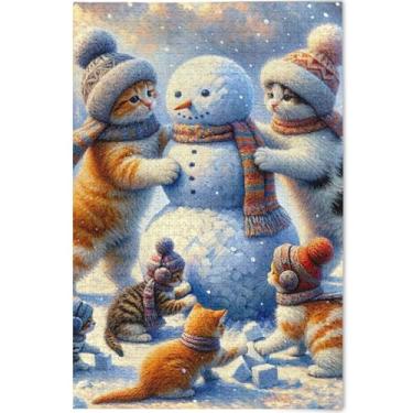Imagem de Quebra-cabeça personalizado boneco de neve gato gatinhos adultos 500 peças decoração de casa arte inverno cena quebra-cabeças presentes engraçados, 52 cm x 37,8 cm