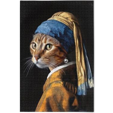 Imagem de Quebra-cabeça de gato engraçado com brinco de pérola para adultos 1000 peças jogo engraçado difícil quebra-cabeças impressão de arte animal, 75 x 50 cm