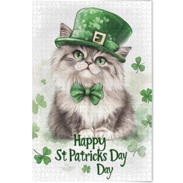 Imagem de Quebra-cabeça de gato de São Patrício para adultos fofos 500 peças cenário arte animal arte divertido família quebra-cabeça presentes personalizados para jogo de elefante branco, 52 cm x 37,8 cm