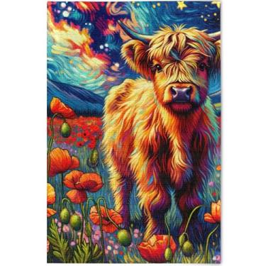 Imagem de Quebra-cabeça Poppy Flowers Highland Cow 500 peças para adultos cena de arte floral animal natureza quebra-cabeça personalizado jogo de presentes tecnológicos, 52 x 37,8 cm