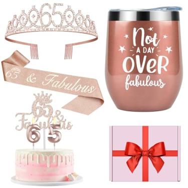 Imagem de Decorações de aniversário de 65 anos para mulheres, incluindo tiara e faixa de aniversário, velas e topo de bolo, copo de vinho de 340 g com tampa, presentes de 65 anos para mulheres