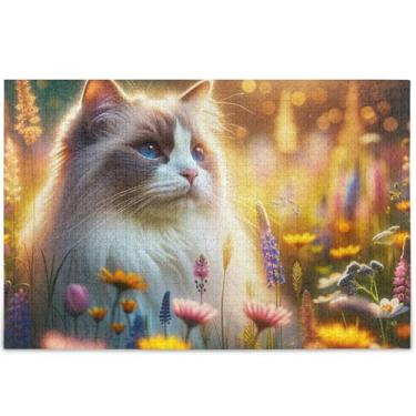 Imagem de Quebra-cabeça adulto gato Ragdoll fofo 500 peças arte floral animal quebra-cabeças difíceis personalizados presentes de tecnologia de jogo engraçado, 52 cm x 37,8 cm