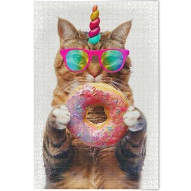 Imagem de Quebra-cabeça engraçado gato unicórnio donut para adultos 1000 peças natureza arte brinquedo pintura família divertido quebra-cabeça personalizado engraçado, 75 cm x 50 cm