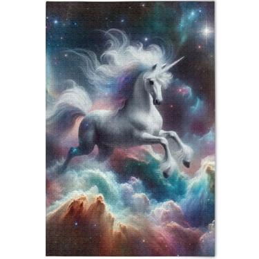 Imagem de Quebra-cabeças de nebulosa de unicórnio personalizados 500 peças para adultos elefante branco paisagem quebra-cabeça brinquedo de arte, 52 cm x 37,8 cm
