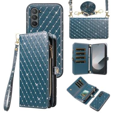 Imagem de Capa de celular para Samsung Galaxy Z Fold 6 5G 2024 com zíper carteira destacável com alça transversal alça de cordão bling glitter flip compartimento para cartão ZFold6 Z6 G Fold6 6Z mulheres homens