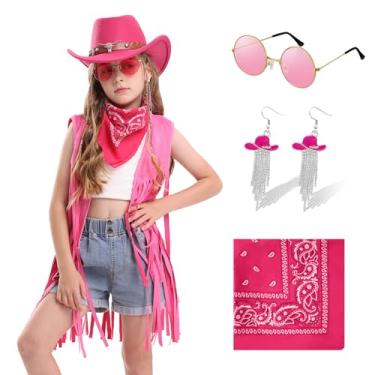Imagem de Dwieey Traje de vaqueira para meninas roupa ocidental chapéu de cowboy borla colete com franjas brincos para Halloween 11-12 anos 6 peças