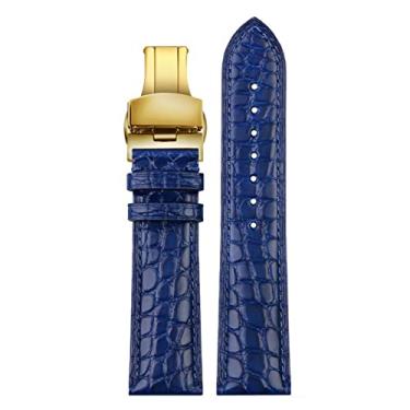 Imagem de MURVE Para qualquer pulseira luxuosa pulseira de crocodilo pulseira de couro azul macio fecho borboleta 18 20mm 22mm pulseira masculina (cor: dobra de ouro azul, tamanho: 22mm)