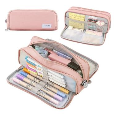 Imagem de Estojo Escolar Feminino Grande com Múltiplos Compartimentos, Rosa, 26x11x3 cm, Material Lona Durável, com Zíper de Metal e Bolsos de Malha Elástica