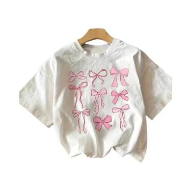 Imagem de Camiseta Casual Feminina De Manga Curta Com Estampa De Laço Rosa Estil
