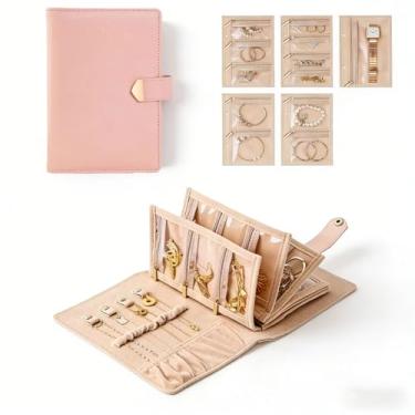 Imagem de WEIKIMFF Estojo organizador de joias de viagem, organizador de fichário de joias com 5 bolsos de veludo com zíper para anéis, colar, brincos - organizador de livros de joias perfeito para mulheres e