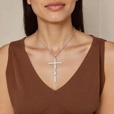 Imagem de Colar de cruz banhado a prata para mulheres, colar com pingente de cruz de confiança/mãe, colar pequeno, elegante, joias religiosas, cristãs, presentes de Dia das Mães para mulheres, One Size, Metal