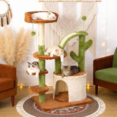 Imagem de Árvore de cacto para gatos internos, torre de vários níveis com postes de arranhar de sisal, condomínio estável para gatos com poleiros e degraus, 93 cm, marrom