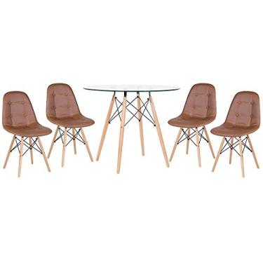 Imagem de Loft7, KIT - Mesa de vidro Eames 90 cm + 4 cadeiras Eames Botonê Marrom