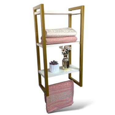 Imagem de prateleira de metal e MDF para banheiro, prateleira com pintura eletrostática, organizador de parede amadeirado (Dourado e Branco)