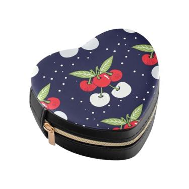 Imagem de Burbuja Mini caixa de joias em forma de coração azul escuro cerejas para mulheres e meninas, estojo portátil organizador de armazenamento para brincos, anéis, colares e pulseiras