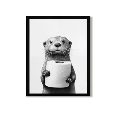 Imagem de Urmoya Arte de parede de banheiro de lontra engraçada preto e branco, decoração de parede de tela de banheiro com imagem de animal, papel higiênico em lontra, humor moderno, pintura, impressões